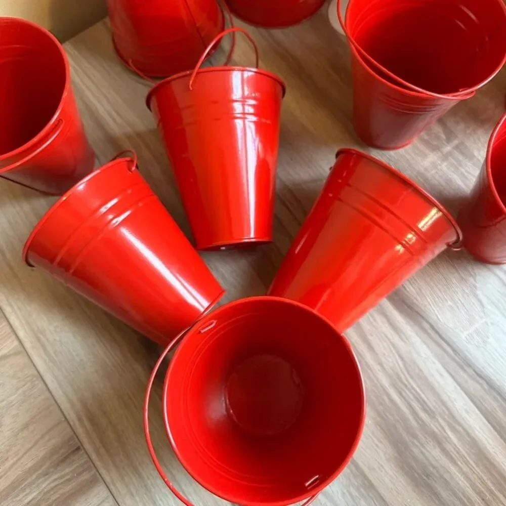 12 Red Mini Metal Buckets Containers decor 5” Pails Candy Gift Party Favor